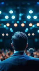 The Speaker's Revelation: An intimate portrait from behind of a confident presenter, poised at the podium and bathed in the ethereal glow of stage lighting, prepares to captivate a focused audience.