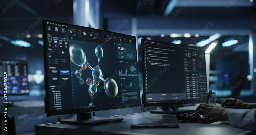 Poster anonymous medical researcher working in modern office on a desktop computer with molecular modelling