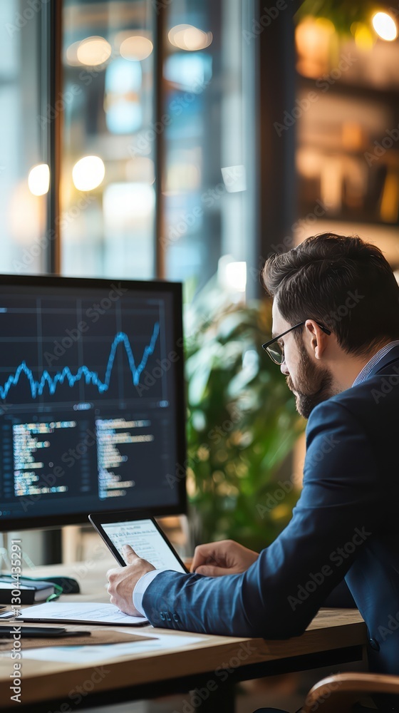 Poster intense focus: a trader intently reviews stock market data on his computer monitor, poised at his de