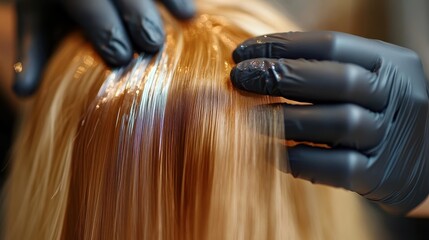 Naklejka premium A skilled hairdresser is hands, adorned with gloved fingertips, gently grasp a shimmering foil sheet, ready to unveil a transformation of color and texture within the salon is warm embrace. The image
