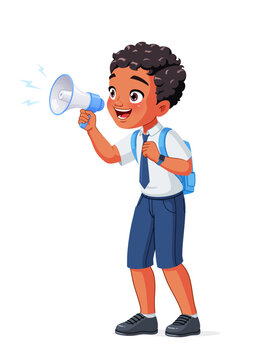Happy little school boy with megaphone speaking or shouting excitedly making announcement vector illustration.