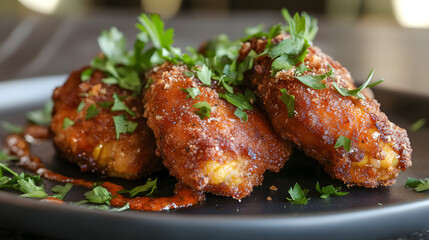 Fototapeta premium Deep fried corn on the cob with a smoky chili herb sauce and a drizzle of honey.