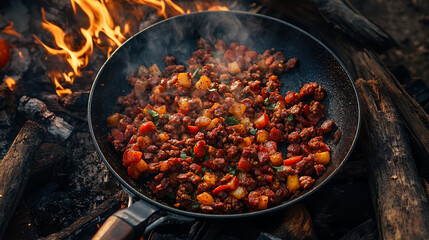 Delicious spicy campfire sausage and potato dish outdoors pan red food meal heat grill brown tasty