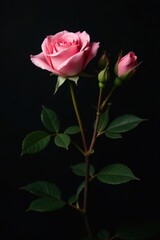 Fototapeta premium A Single Pink Rose with Two Buds on a Dark Background, a Delicate Display of Nature's Elegance and Beauty