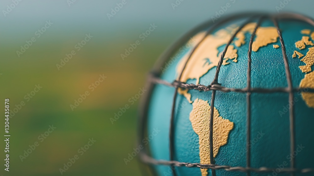 Poster a close-up view of a globe featuring continents in gold against a teal background, symbolizing explo