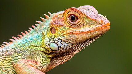 Obraz premium A colorful lizard displaying vibrant hues and intricate textures, showcasing nature's beauty in detail against a blurred green background.