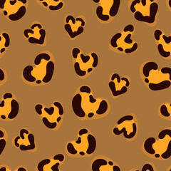 Cute leopard spots heart seamless pattern. Vector hand drawn brown animal leo skin print. Safari spotted texture background for fashion love print, fabric, textile, Valentines day backgrounds.