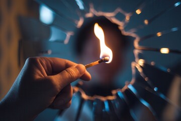 Hand holding burning matchstick seen through shattered broken glass