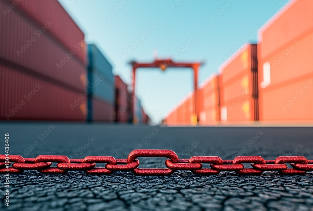 Poster a close-up of a red chain on a textured surface, with shipping containers in the background and a cl