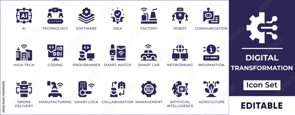 Aufkleber flat digital transformation icon set representing ai, automation, cloud computing, cybersecurity, bl