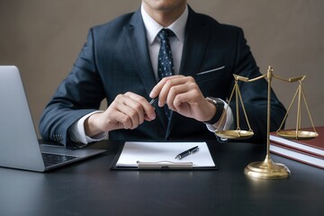 Professional lawyer in suit sitting at desk with justice scale, legal documents, and pen