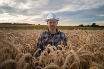Conspiracy theorist wearing a tin foil hat standing in a wheat field under dramatic sky
