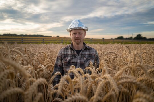 Conspiracy theorist wearing a tin foil hat standing in a wheat field under dramatic sky