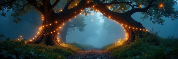 Braided tree archway, glowing fairy lights, foggy forest , stock image, fairy lights, magical realm