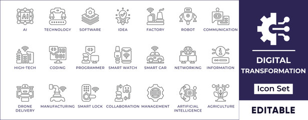 Flat digital transformation line icon set representing AI, automation, cloud computing, cybersecurity, blockchain, IoT, big data, innovation, and business modernization.