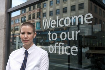 Confident professional woman with short hair wearing tie outside office
