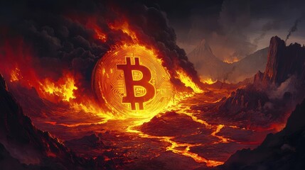 Volcanic eruption at night with lava forming a glowing Bitcoin coin