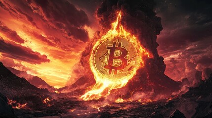 Gold-colored molten lava forming a Bitcoin symbol amidst volcanic explosions