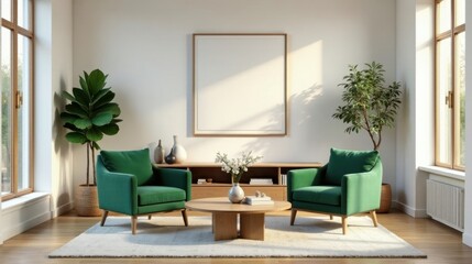 Serene Living Room Interior Design with Emerald Green Armchairs and Natural Light