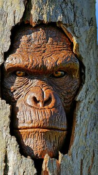 Carved face of a prehistoric figure emerges from the bark of an old tree in a forest setting