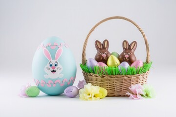 Easter basket with colorful eggs, chocolate bunnies, and spring decorations