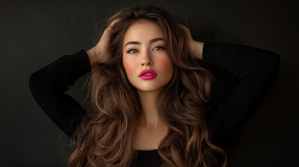Fototapeta premium A photo of an attractive woman with long brown hair, wearing a black top and pink lipstick, posing for the camera with her hands in her curly hair