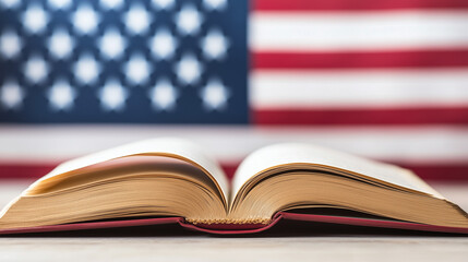 Open Book and American Flag: An open book rests against the backdrop of the American flag, symbolizing knowledge, history, and the pursuit of wisdom.