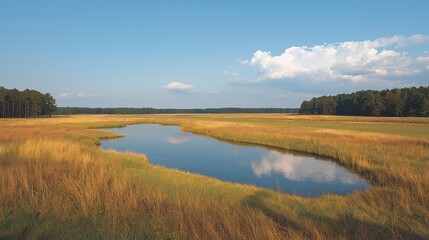 Fototapeta premium Serene Summer Landscape with Golden Grass and Still Water Reflection