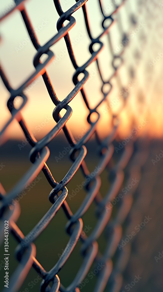 Poster a close-up of a chain-link fence with soft sunset lighting in the background, creating a serene and 