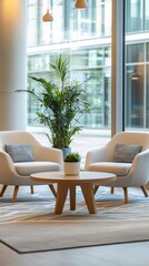 Fototapeta premium Modern Office Lounge: A serene and inviting office lounge features two plush armchairs, a round coffee table and a tall plant against the backdrop of a panoramic city view.