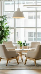 Fototapeta premium Modern Meeting Area: A modern, inviting meeting area bathed in natural light, complete with comfortable chairs and greenery, offers a serene space for collaboration and conversation. 