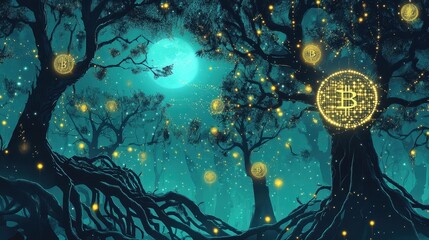 Obraz premium Blockchain trees glowing in moonlight with decentralized roots and fireflies emitting light