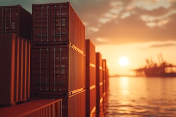 A serene sunset view over stacked shipping containers by the water, highlighting the logistics and trade industry against a vibrant sky.