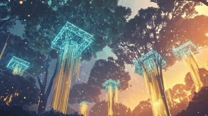 Obraz premium Alien jungle with crystalline trees forming blockchain structures and glowing cryptocurrency sap