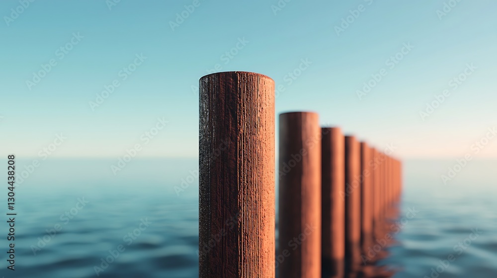 Poster a serene view of wooden poles extending into calm water under a clear sky, creating a peaceful and i