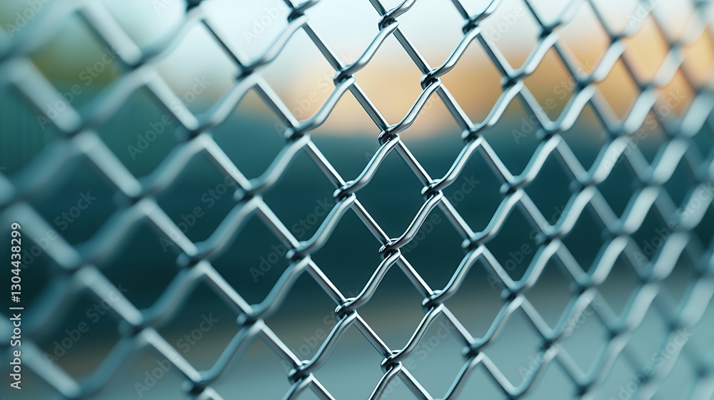 Poster a close-up view of a chain-link fence, showcasing its metallic mesh and geometric pattern against a 