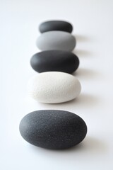 Five Smooth Stones, Black, White, and Gray, Arranged in a Row on White Background, Minimalist Style
