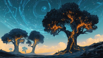 Fototapeta premium Dystopian world with blockchain trees towering over a desolate landscape under a digital sky
