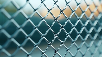 Fototapeta premium A close-up view of a chain-link fence, showcasing its metallic mesh and geometric pattern against a blurred background.