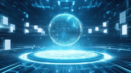 Glowing Blue Sphere with Holographic Display Floating in a Futuristic Abstract Technology Background, Digital World and Data Transfer Concept