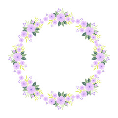 Floral Wreath Frame Soft Pastel Purple Flowers with Green Leaves