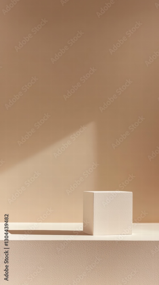 Poster elegant minimalist product display: a sleek, cream-colored cube sits centered on a minimalist shelf 