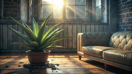 Fototapeta premium Aloe Vera Plant on Table, Urban Loft Interior, Cozy Couch