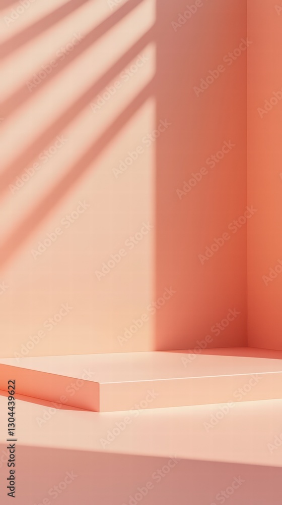 Poster peach-toned platform with shadow play: a minimalist platform bathed in soft peach hues, accentuated 
