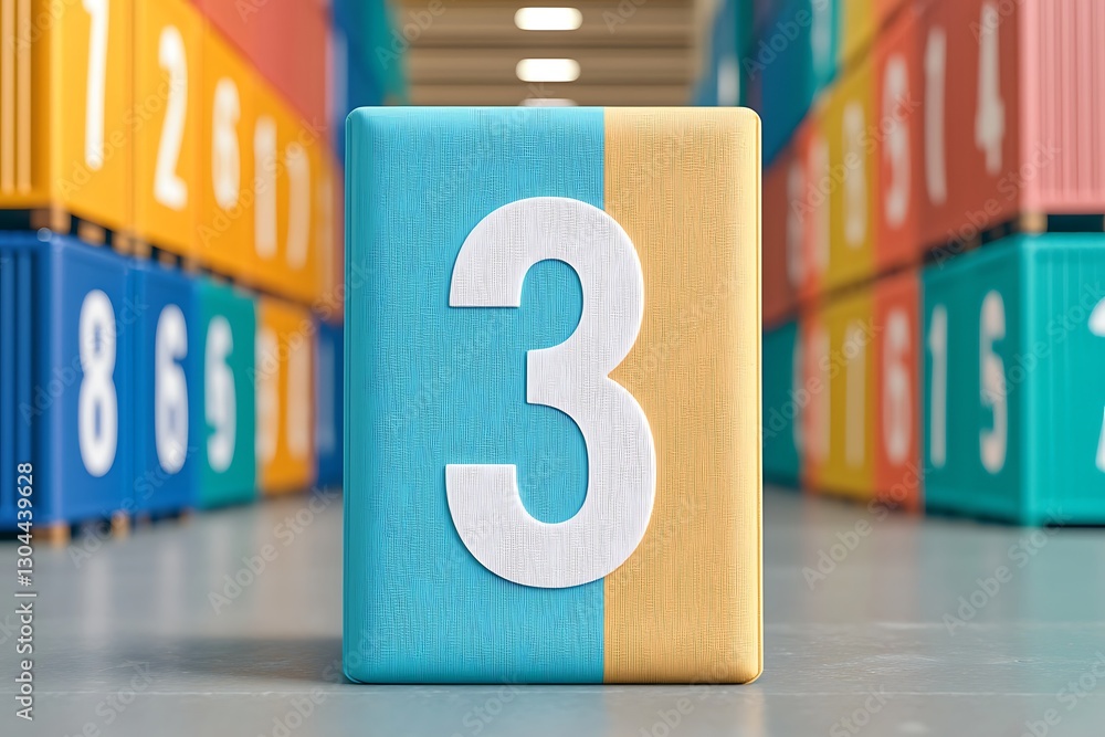 Poster a colorful toy block with the number three prominently displayed, surrounded by other numbered block