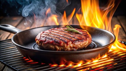 Fototapeta premium A perfectly grilled burger cooking in a sizzling hot frying pan, with the aroma of seared meat filling the air, making your stomach growl with anticipation , seared meat, hot pan