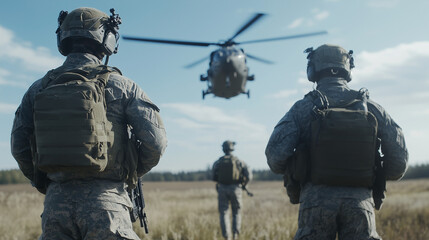 Fototapeta premium On the Watch: Soldiers stand vigilant on a open field, closely observing a helicopter during a training exercise. Capturing a sense of duty, readiness, and teamwork.