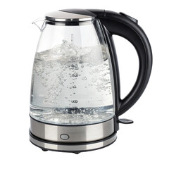 Electric kettle with boiling water, modern design and transparent body.