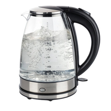 Electric kettle with boiling water, modern design and transparent body.