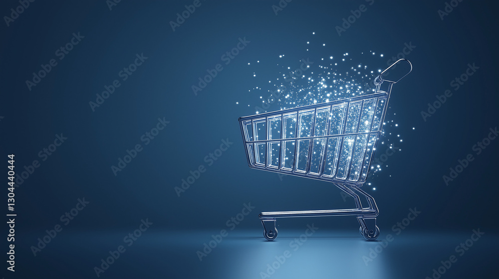 Poster digital cart: a digital rendering of a shopping cart, sparkling with pixelated particles, symbolizin